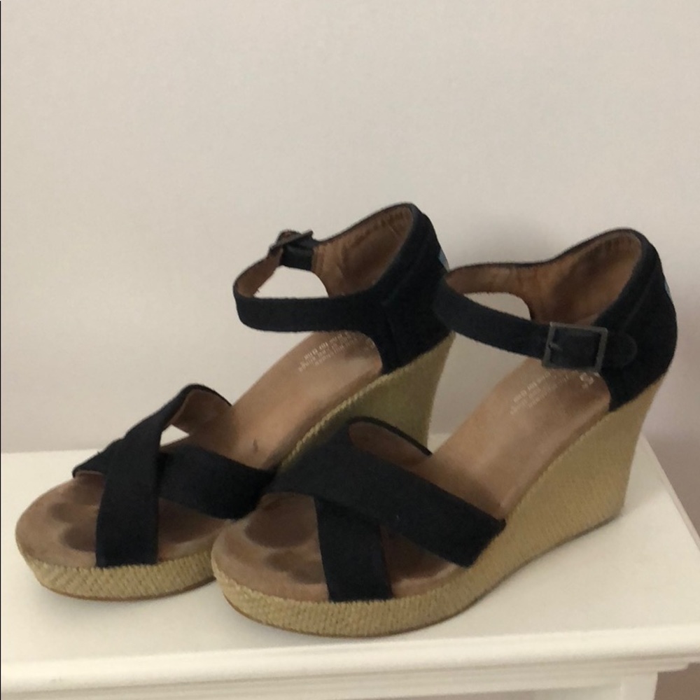 TOMS Black Canvas &Natural Tweed espadrilles wedge